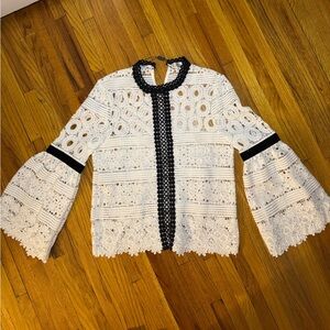 Chicwish White Crochet top with Black Details and Bell sleeves in size S